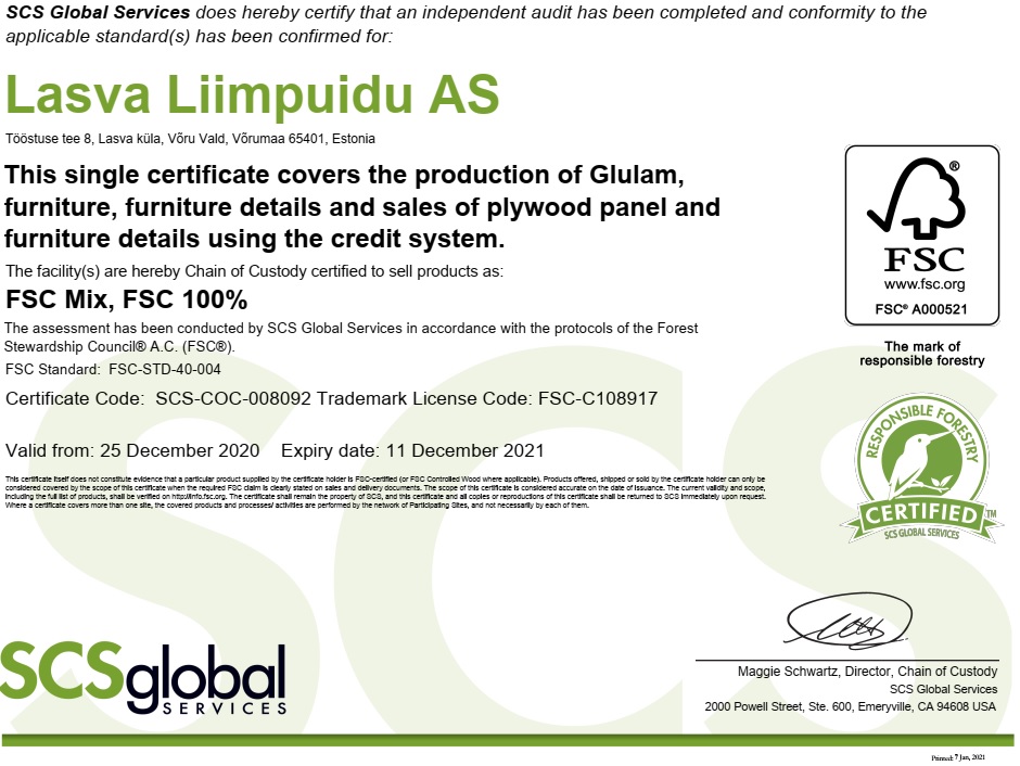 Lasva Liimpuidu AS sertifikaat