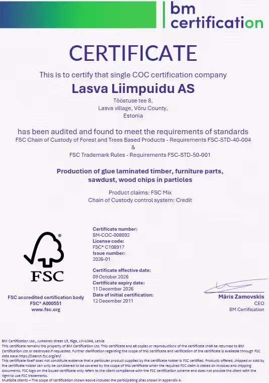 Lasva Liimpuidu AS sertifikaat